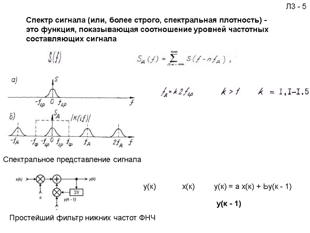 Спектр сигнала (или, более строго, спектральная плотность) - это функция, показывающая соотношение уровней частотных